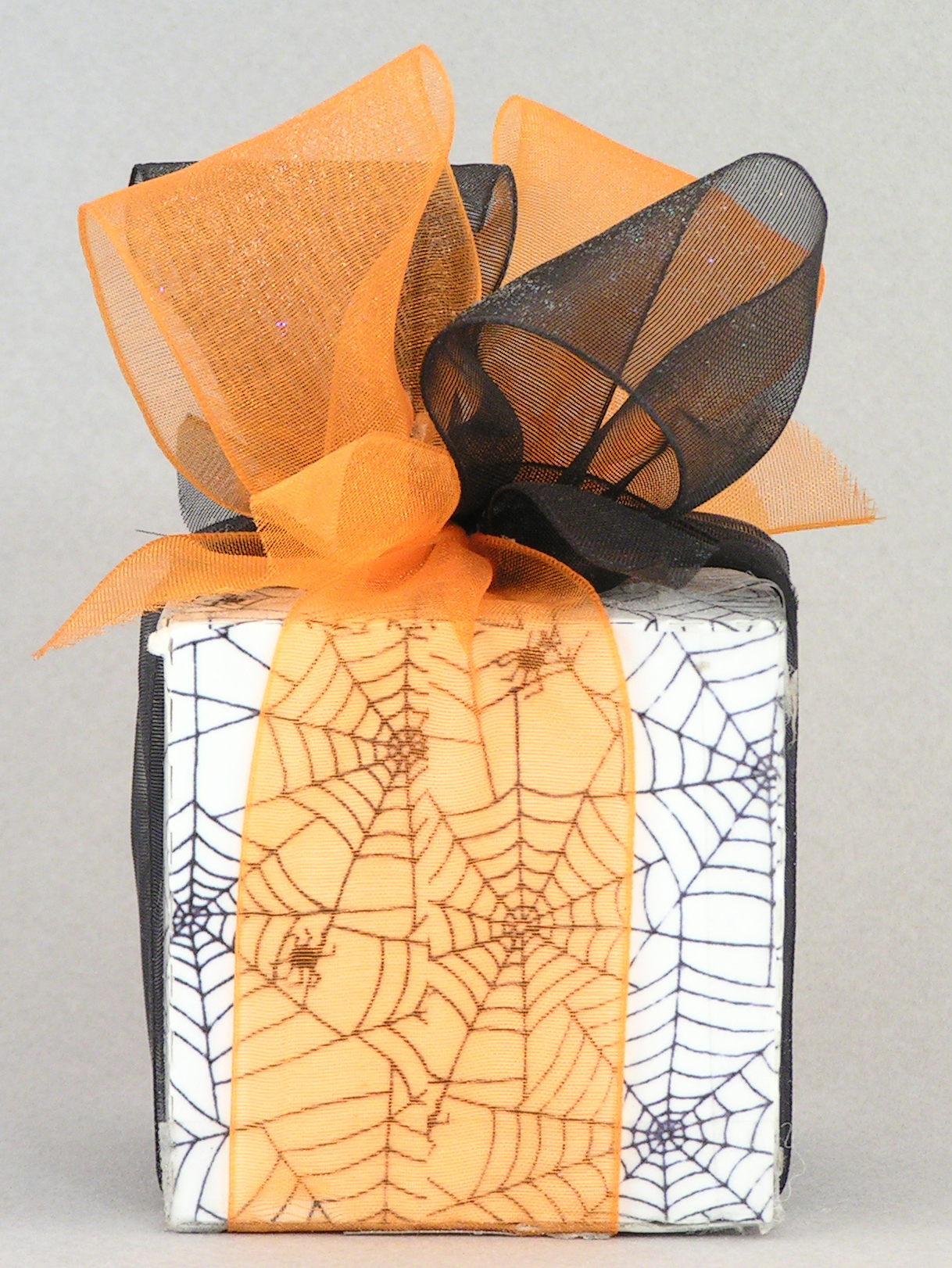 3003. Spider web cube with orange and black organdy bows